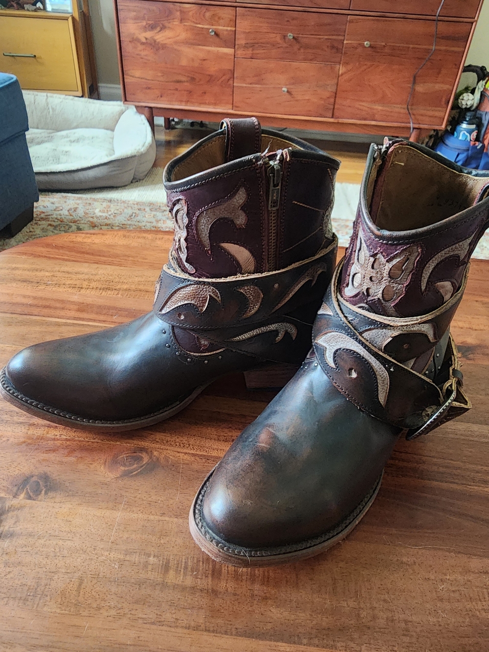 freebird Tash Brown Leather Western Ankle Boots with Distressed Tooled Accents
